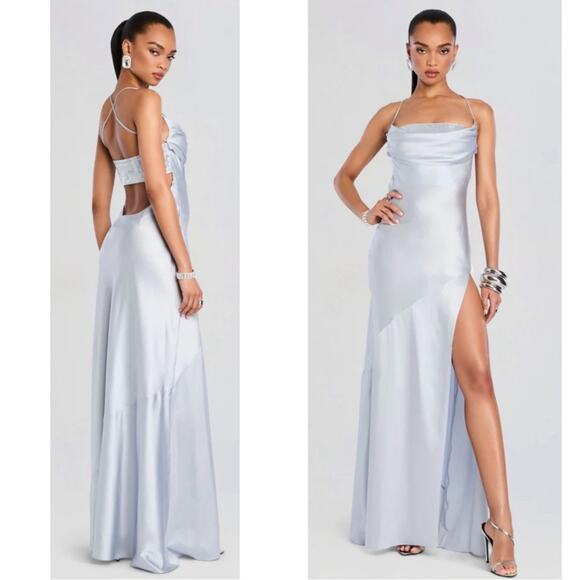 Retrofete Emery Crystal Embellished Silk Cowl Neck Dove Silver Maxi Dress Sz XS - Picture 2 of 8